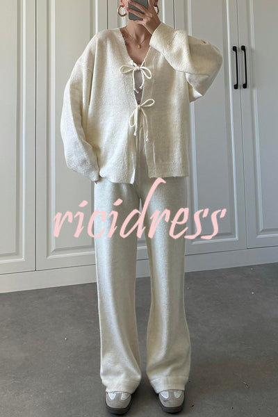 Solid Color V-neck Tie Long-sleeved Loose Knit Cardigan and Elastic Waist Casual Straight Leg Pants Set