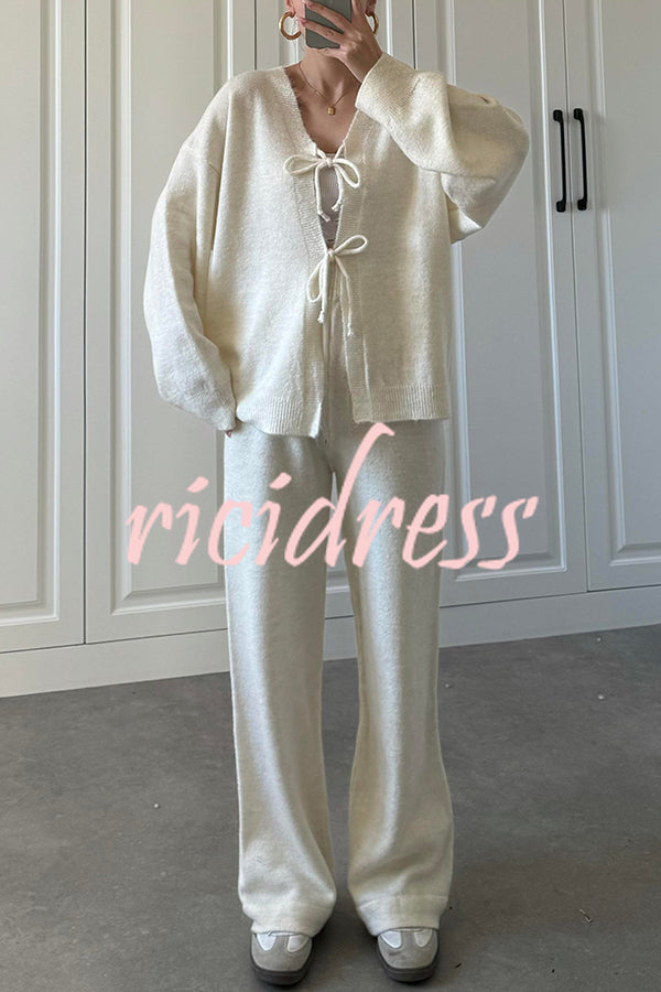 Solid Color V-neck Tie Long-sleeved Loose Knit Cardigan and Elastic Waist Casual Straight Leg Pants Set
