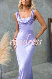 Chic Muse Satin Solid Color Cowl Neck Back Tie-up Maxi Dress