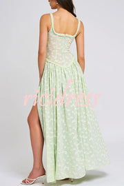 Garden Elf Lace Jacquard Textured Square Neck High Slit Maxi Dress