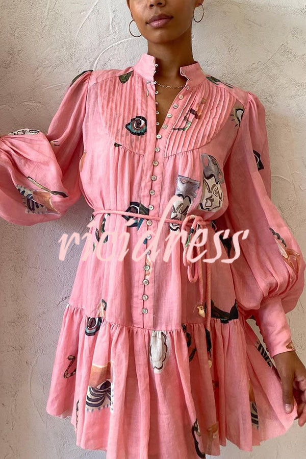 Unique Print Single Breasted Balloon Sleeve Tie Waist Ruffled Mini Dress