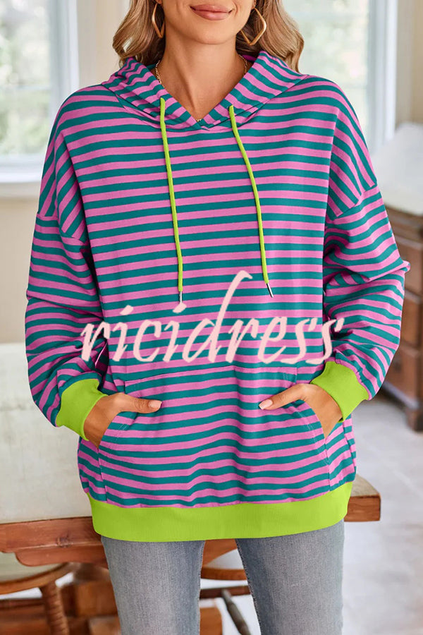 Striped Print Long Sleeve Pocket Loose Hoodie