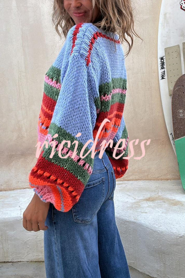 Rainbow Mood Multicolor Round Neck Hollow Long Sleeve Knitted Sweater