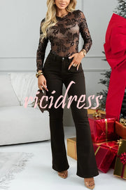 Dazzling and Sparkle Mesh Floral Sequin Long Sleeve Stretch Bodysuit