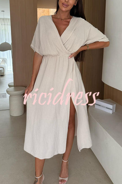 Linen Blend Solid Color V-neck Short Sleeve Waist Loose Slit Midi Dress