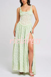 Garden Elf Lace Jacquard Textured Square Neck High Slit Maxi Dress