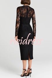 Mylene Lace Corset Cut Sweetheart Tie-up Neck Sheer Long Sleeve Slit Midi Dress