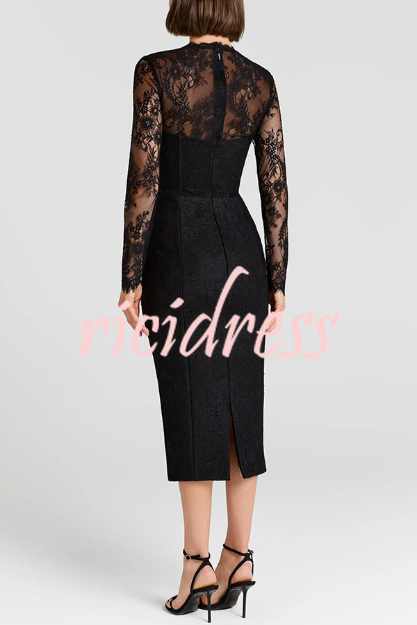 Mylene Lace Corset Cut Sweetheart Tie-up Neck Sheer Long Sleeve Slit Midi Dress