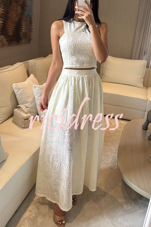 Kaya Embroidery Hollow Lace Back Smocked Tank and Elastic Waist A-line Maxi Skirt Set