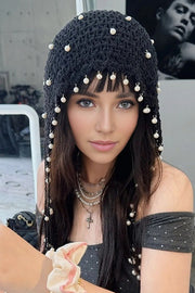 Solid Pearl Embellished Hollow Knit Hat