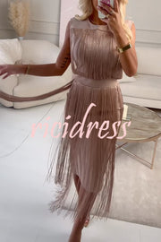 Elegant and Modern Draped Tassel Design Sleeveless Stretch Midi Dress