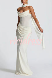 Liora Ruched Cowl Neck Sheer Mesh Waist Off Shoulder Scarf Maxi Dress