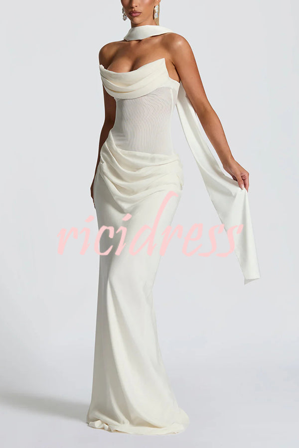 Liora Ruched Cowl Neck Sheer Mesh Waist Off Shoulder Scarf Maxi Dress