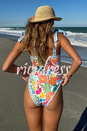 Tropical Sands Floral Unique Print Tie-up Shoulder Stretch One-piece Swimsuit