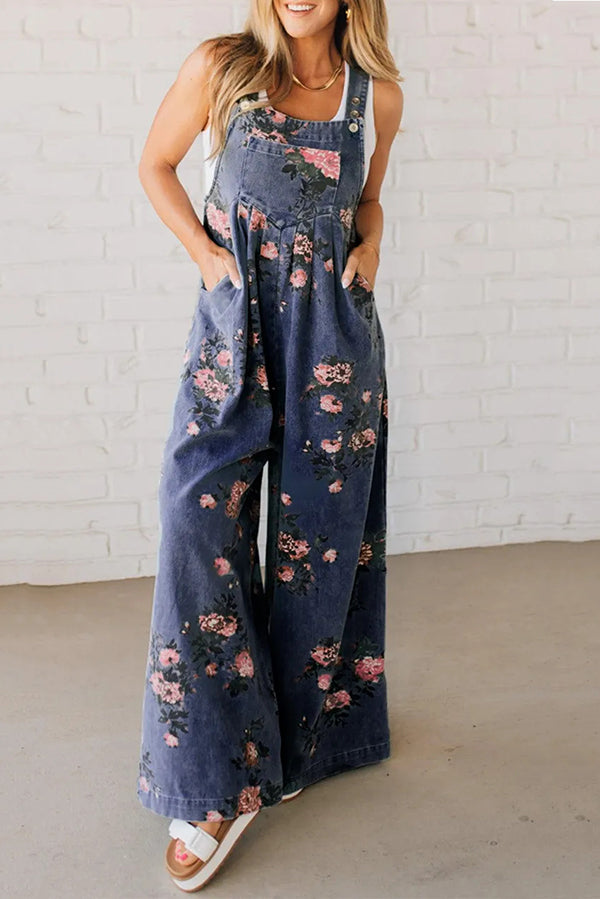 Fashion Floral Print Casual Button Pocket Loose Denim Overalls