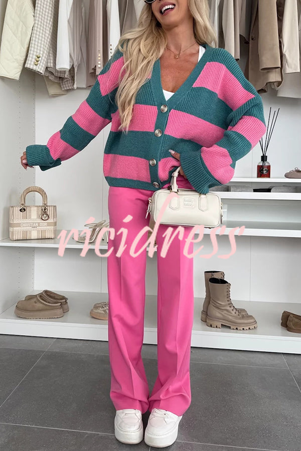 Fashion Contrast Striped Casual V-neck Long-sleeved Knitted Cardigan