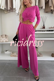 Solid Color Round Neck Long Sleeve Twist Crop Top and Elastic Waist Pocket Wide Leg Pants Set