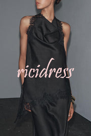 Dolly Satin Lace Trim Halter Cowl Neck Asymmetric Hem Tank