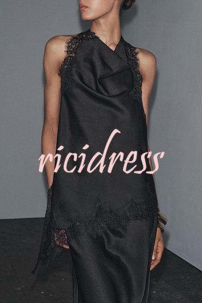Dolly Satin Lace Trim Halter Cowl Neck Asymmetric Hem Tank
