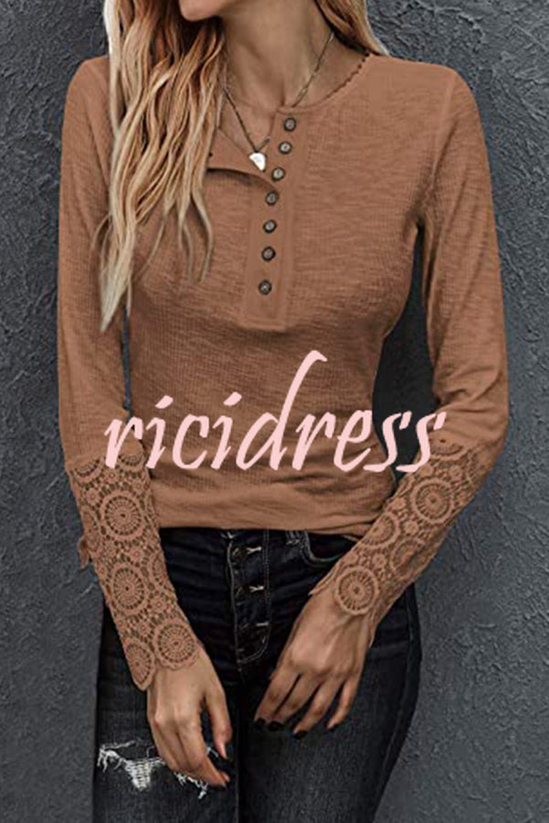 Solid Color Button Crochet Lace Long Sleeve Top