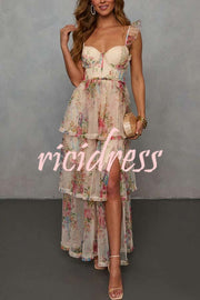 Romantic and Elegant Mesh Floral Back Smocked Tiered Ruffle Maxi Dress
