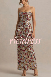 The Center of Attention Floral Print Sequin Square Neck Slip Stretch Maxi Dress