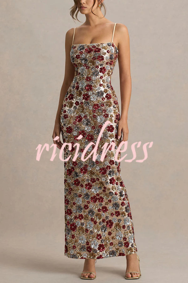 The Center of Attention Floral Print Sequin Square Neck Slip Stretch Maxi Dress