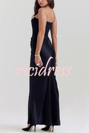 Persephone Crepe and Satin Patchwork Off Shoulder Ruched Maxi Dress