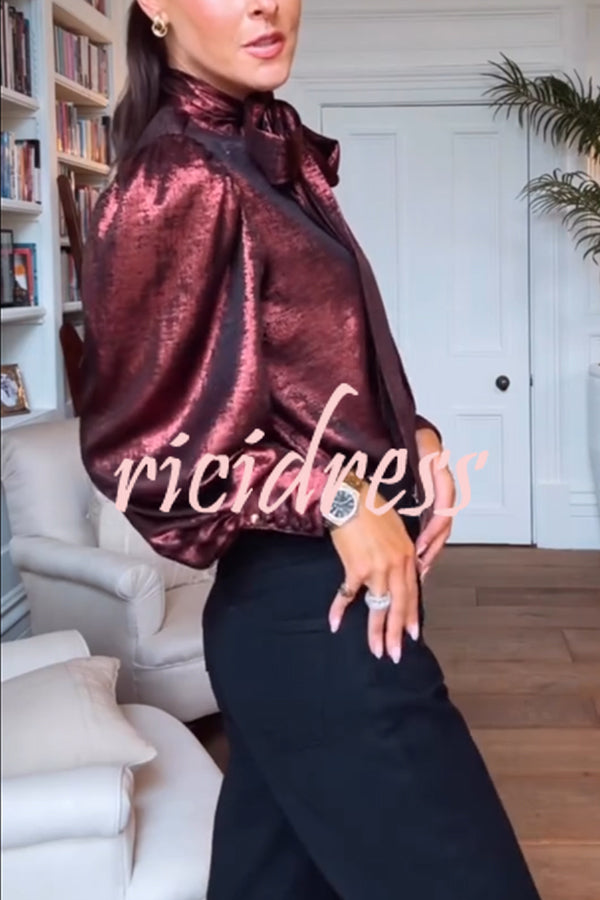 Ariella Metallic Satin Fabric Tie-up Bow Neck Long Sleeve Blouse