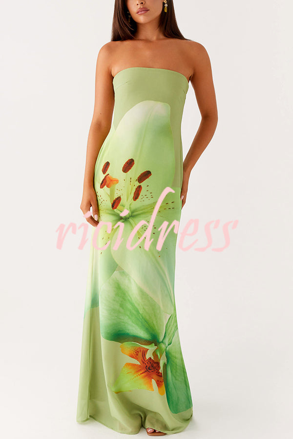 Smooth and Elegant Satin Unique Floral Print Off Shoulder Maxi Dress