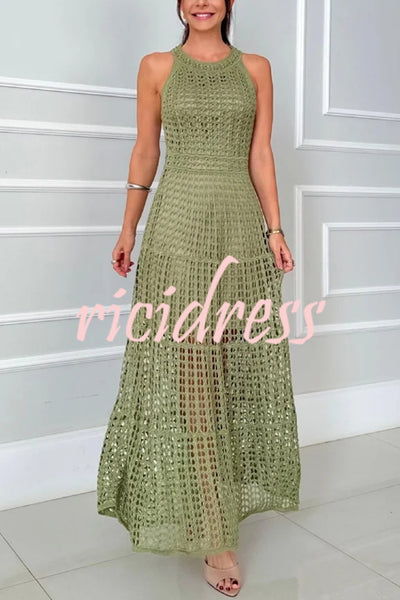 Mariane Crochet Knit Round Neck Texture A-line Maxi Dress