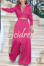 Satin Solid Color Lapel Long Sleeve Blouse and Loose-fitting Pocket Wide Leg Pants Set