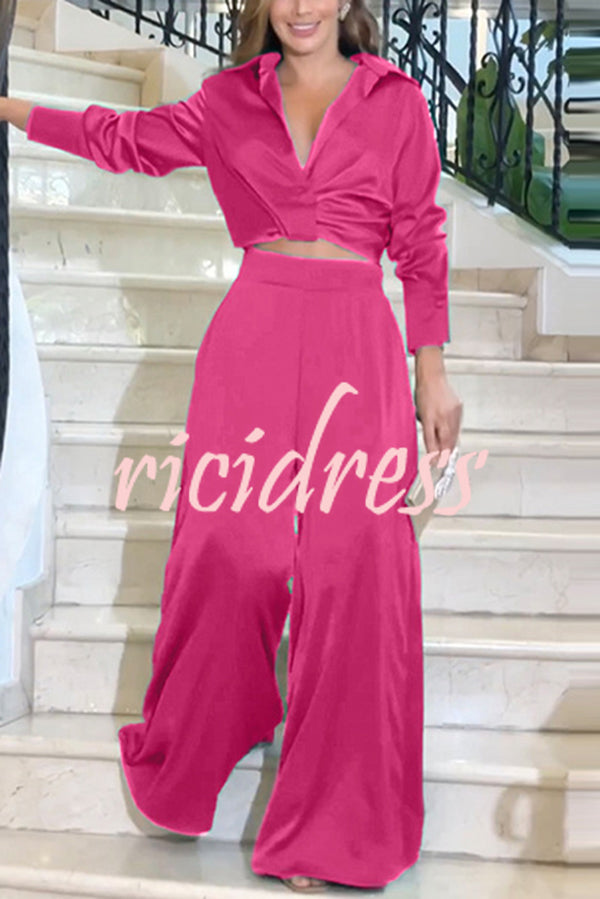 Satin Solid Color Lapel Long Sleeve Blouse and Loose-fitting Pocket Wide Leg Pants Set