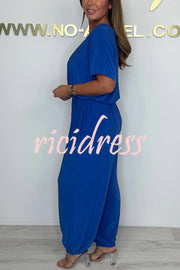 Solid Color V-neck Short-sleeved Waist-tied Loose Casual Jumpsuit