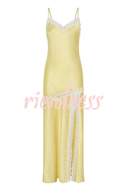 Sweet Trend Satin Lace Trim V-neck Slit Slip Maxi Dress