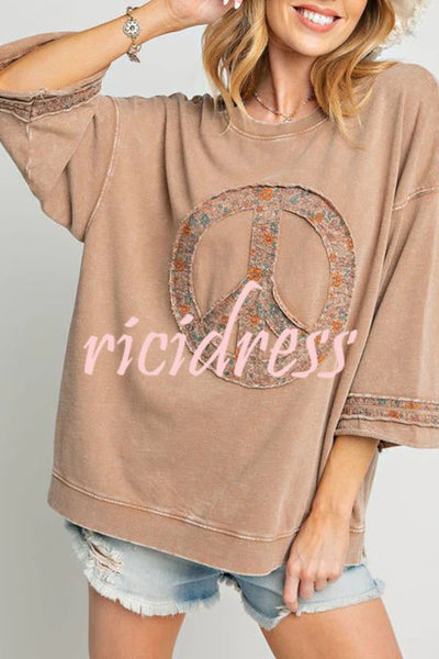 Peace Embroidered Round Neck Long Sleeve Sweatshirt