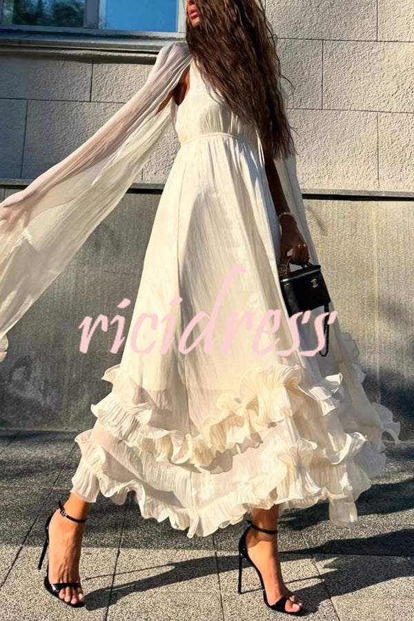 Fashionable V-neck Lace-up Ruffled Double-layer Hem Maxi Dress