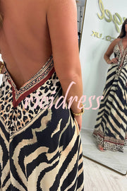 Unique Print V-neck Open Back Loose Maxi Dress