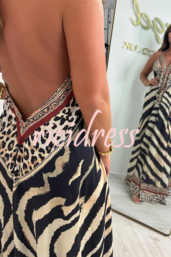 Unique Print V-neck Open Back Loose Maxi Dress