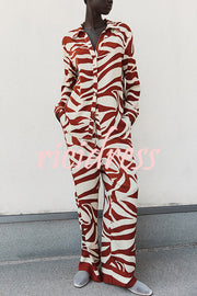 Unique Print Lapel Long Sleeve Loose Shirt and Elastic Waist Casual Pocket Wide Leg Pants Set