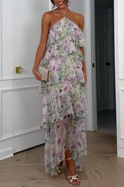 Cocktail Party Sheer Floral Georgette Halter Flowy Tiered Maxi Dress