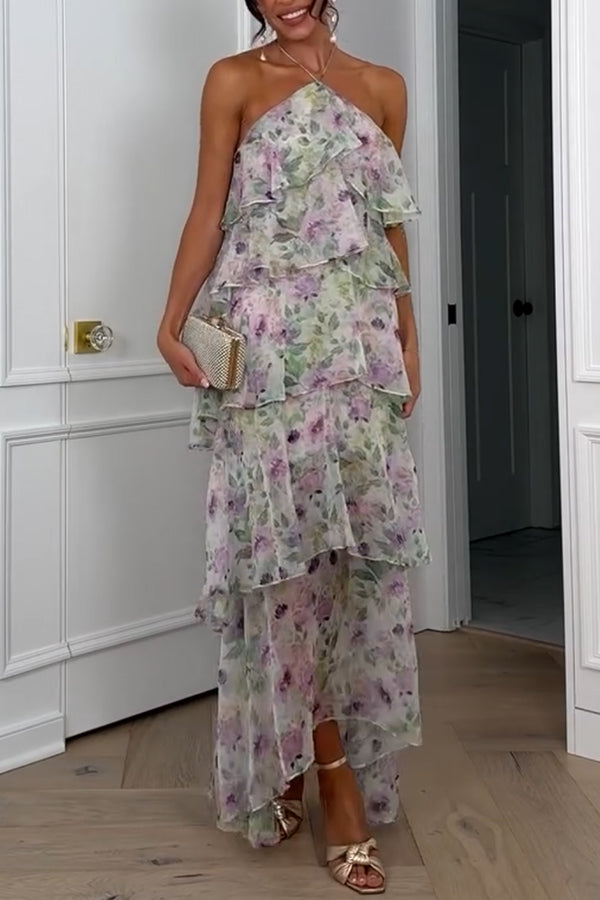 Cocktail Party Sheer Floral Georgette Halter Flowy Tiered Maxi Dress