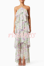 Cocktail Party Sheer Floral Georgette Halter Flowy Tiered Maxi Dress