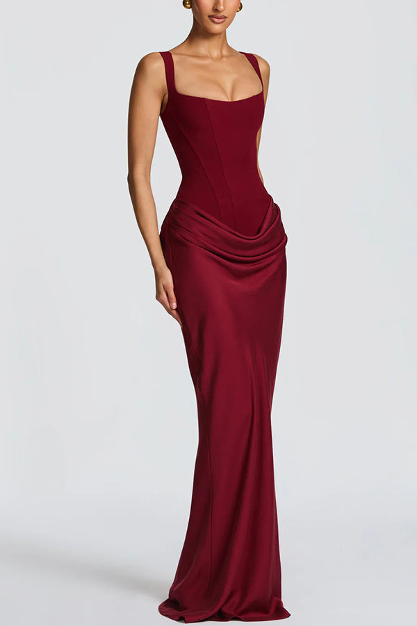 Larrah Square Neck Back Lace-up Satin Drape Hem Maxi Dress