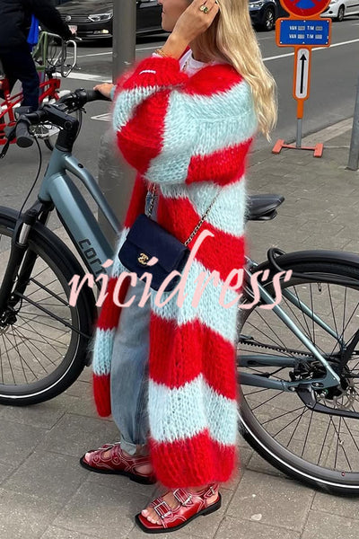 Fashionable Contrast Stripes Lazy Style Loose Long Knitted Cardigan