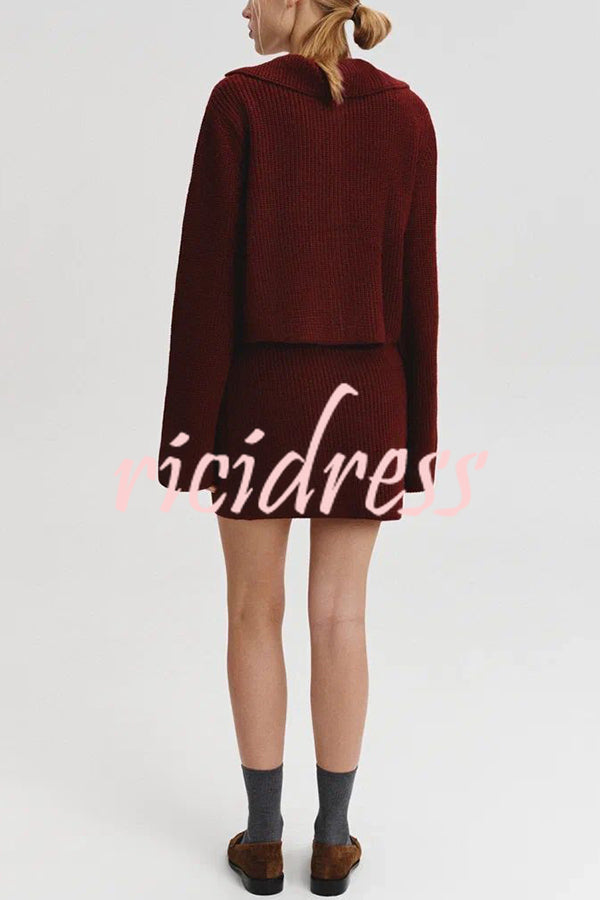Fashion Lapel Bell Sleeve Knitted Cardigan and Casual Mini Skirt Set