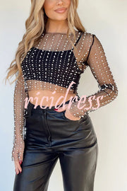 Party Princess Mesh Pearl Embellished Long Sleeve Top