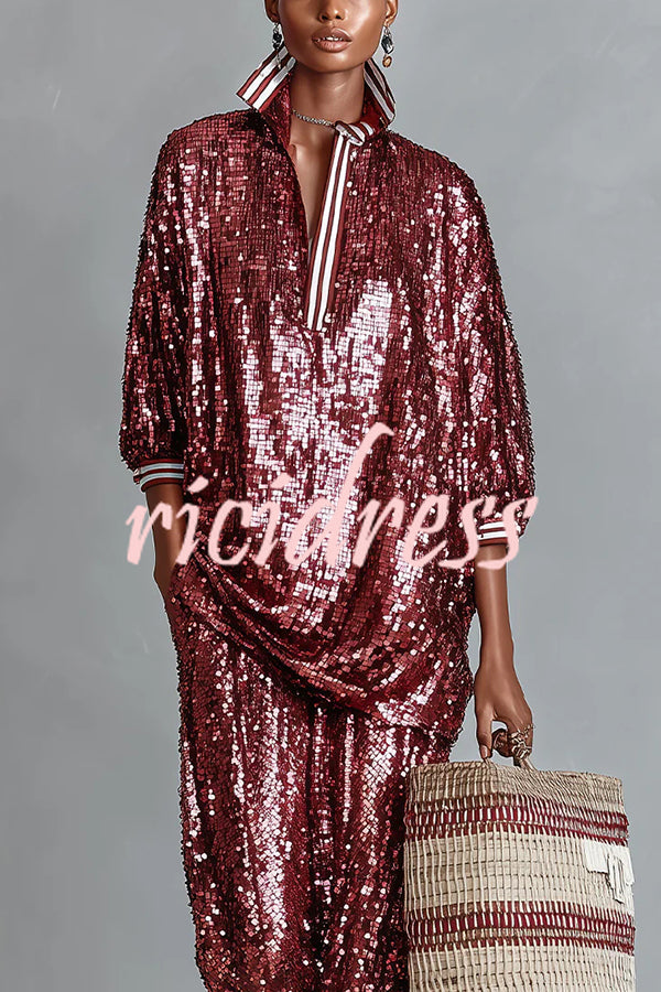 Holiday Honey Sequin Striped Trim Half Sleeve Loose Shirt and Elastic Waist Pocket Wide Leg Pants Set