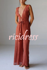 Resort Style V-neck Tie Pleated Casual Jumpsuit