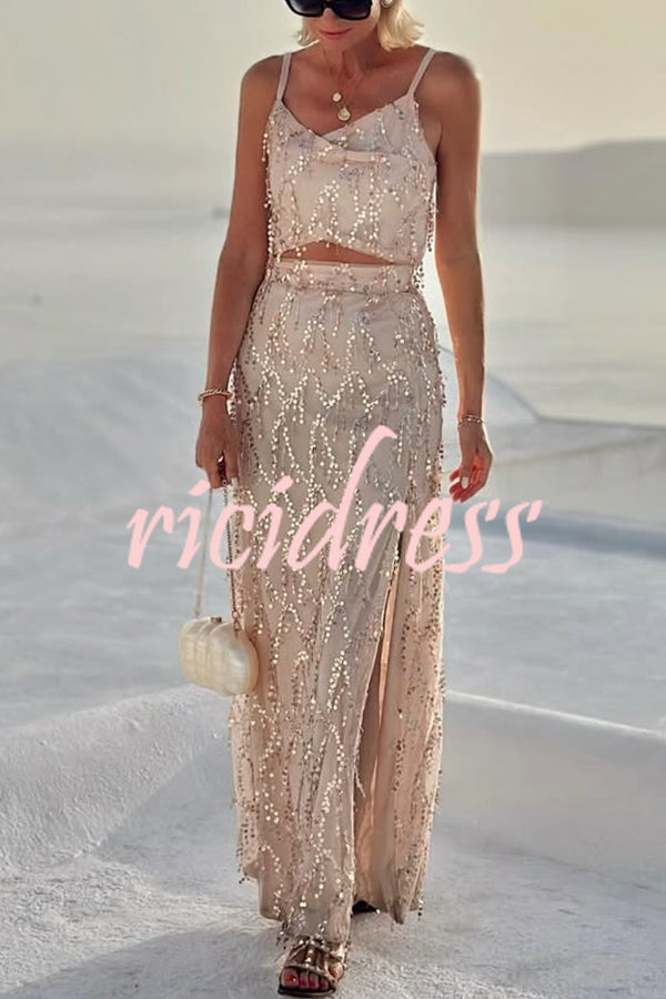 Evening Sky Tassel Sequin Cross Tank and High Rise Slit Maxi Skirt Set